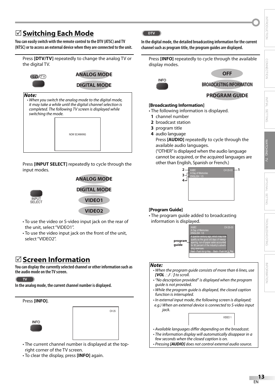 Switching each mode, Screen information | FUNAI CR202EM9 User Manual | Page 13 / 52