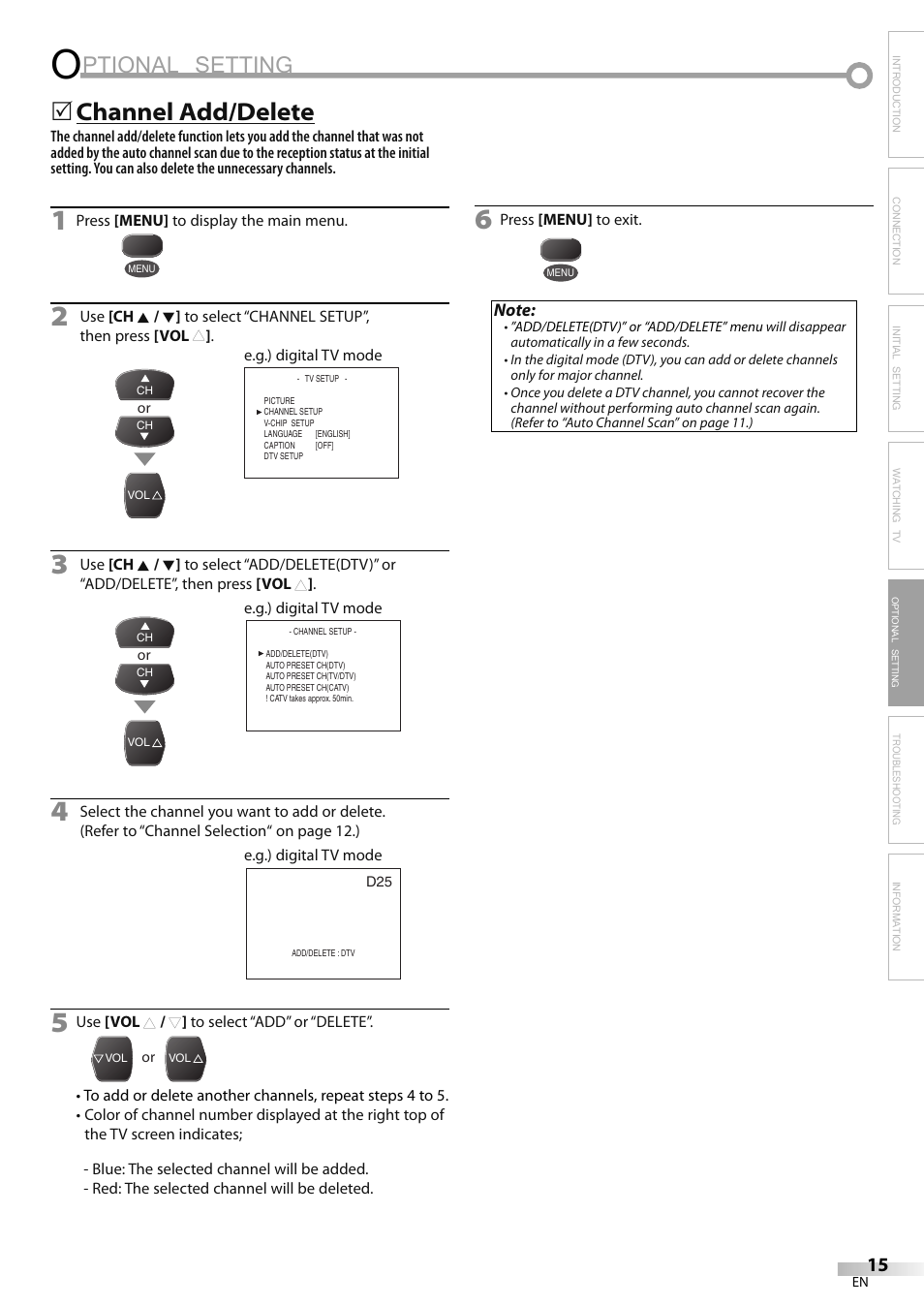 Ptional setting, Channel add/delete | FUNAI CR202EM9 User Manual | Page 15 / 52