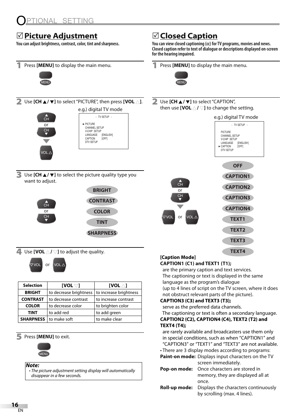 Ptional setting, Picture adjustment, 5closed caption | FUNAI CR202EM9 User Manual | Page 16 / 52