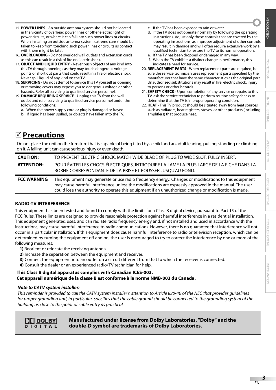 Precautions | FUNAI CR202EM9 User Manual | Page 3 / 52