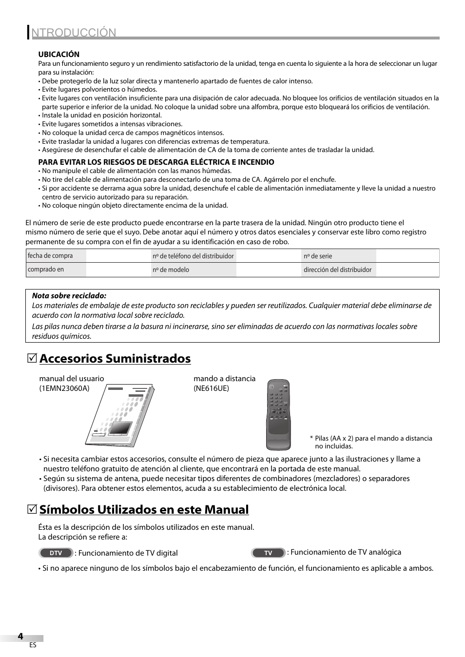 Ntroducción, Accesorios suministrados 5, Símbolos utilizados en este manual 5 | FUNAI CR202EM9 User Manual | Page 30 / 52