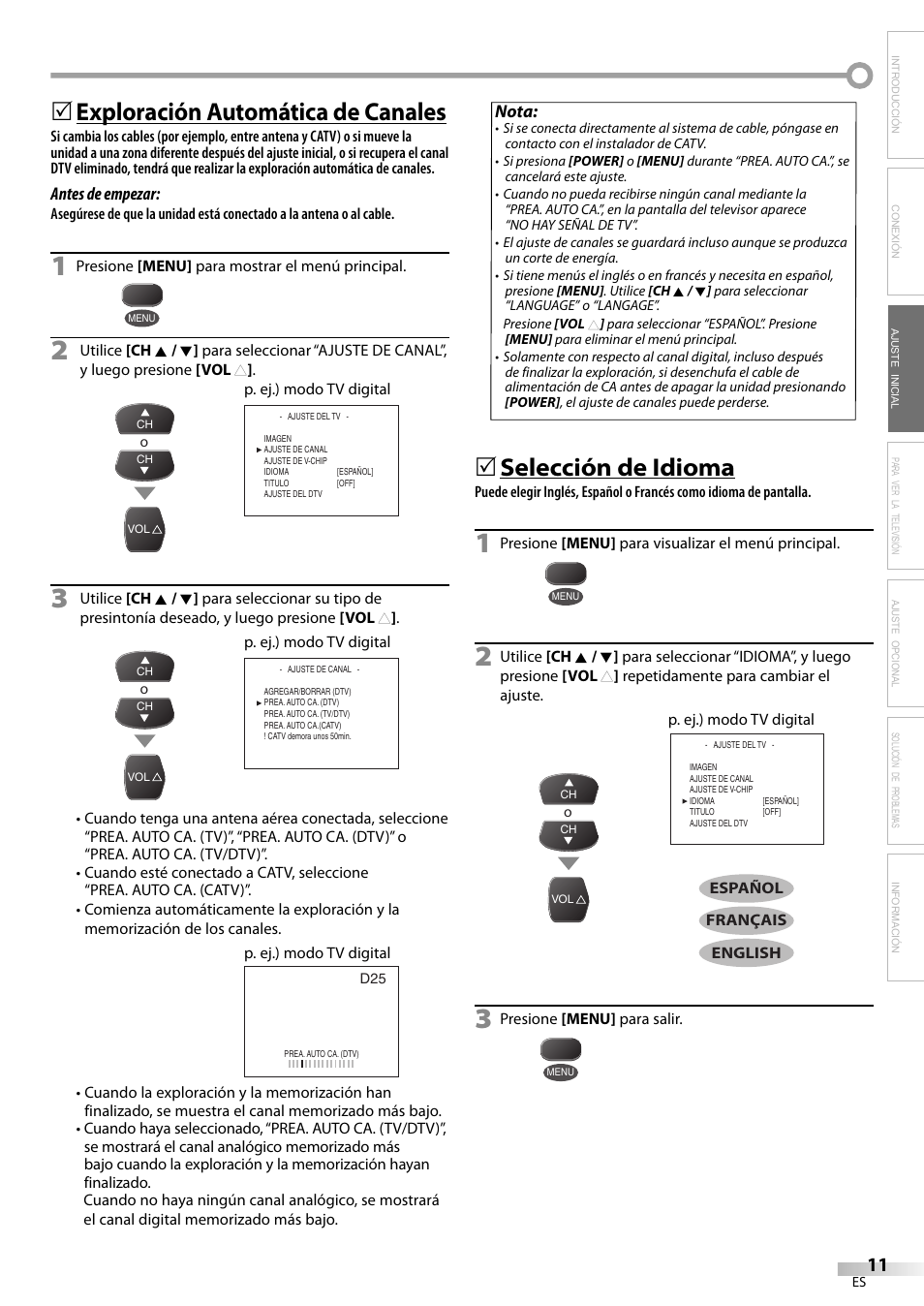 Exploración automática de canales, Selección de idioma | FUNAI CR202EM9 User Manual | Page 37 / 52