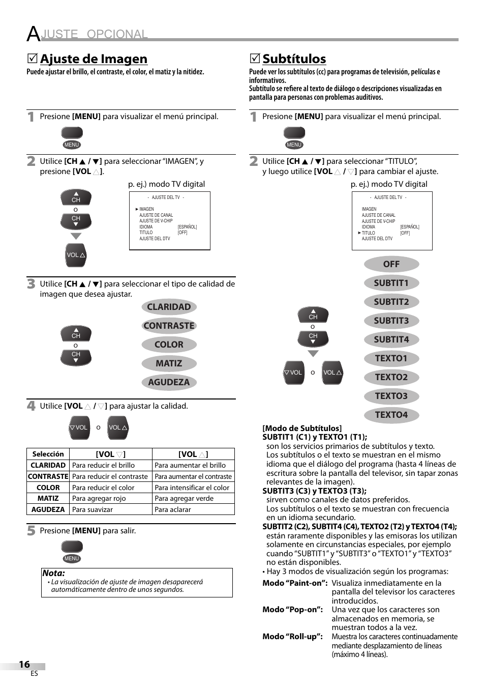 Juste opcional, Ajuste de imagen, 5subtítulos | FUNAI CR202EM9 User Manual | Page 42 / 52