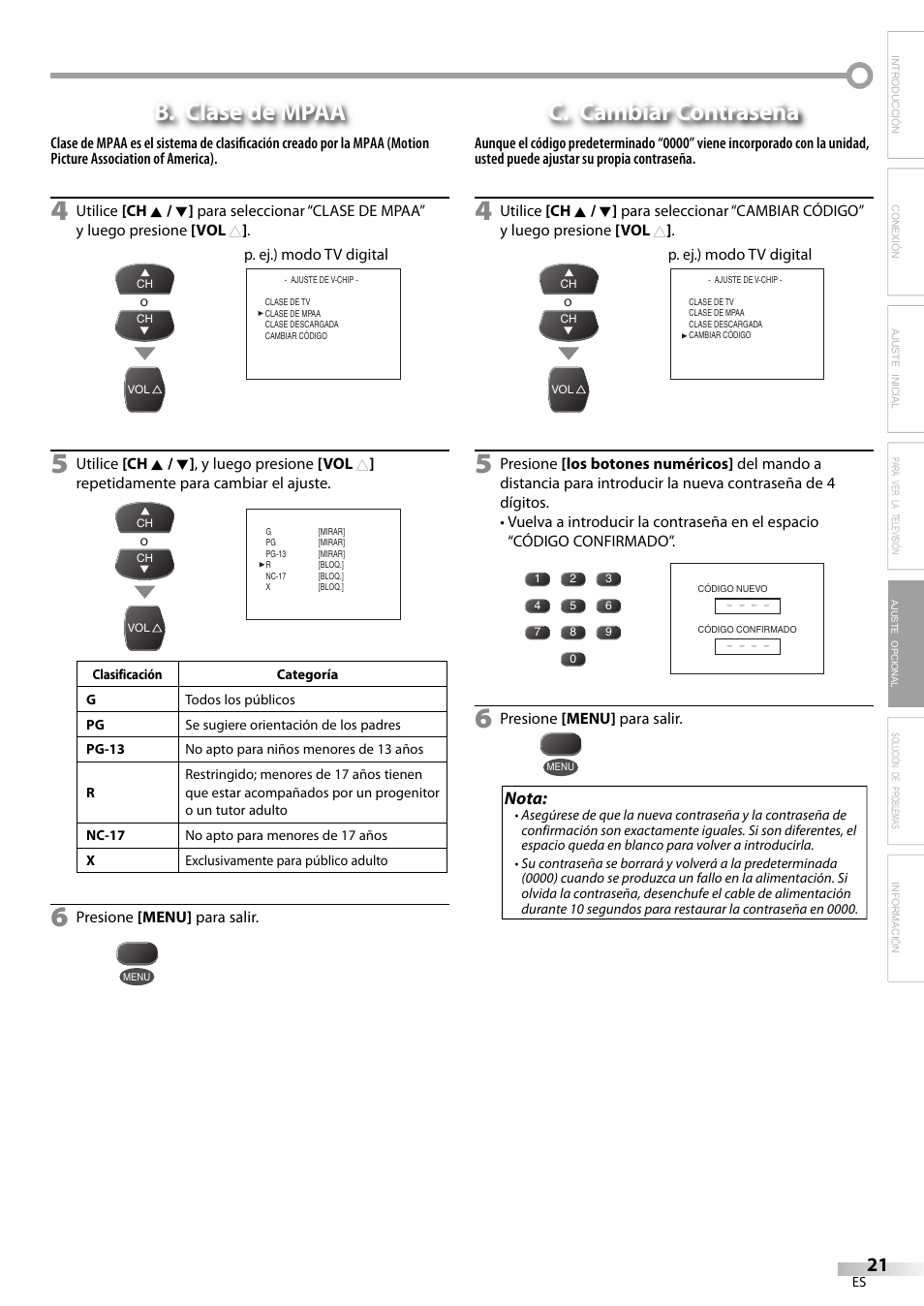 B. clase de mpaa, C. cambiar contraseña, Nota | FUNAI CR202EM9 User Manual | Page 47 / 52
