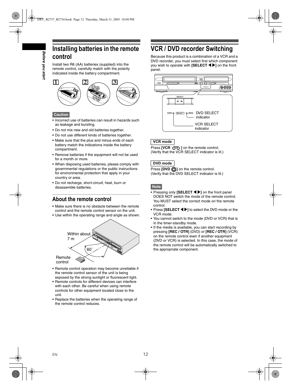 Installing batteries in the remote control, Vcr / dvd recorder switching, About the remote control | FUNAI DRV-B2734 User Manual | Page 12 / 76