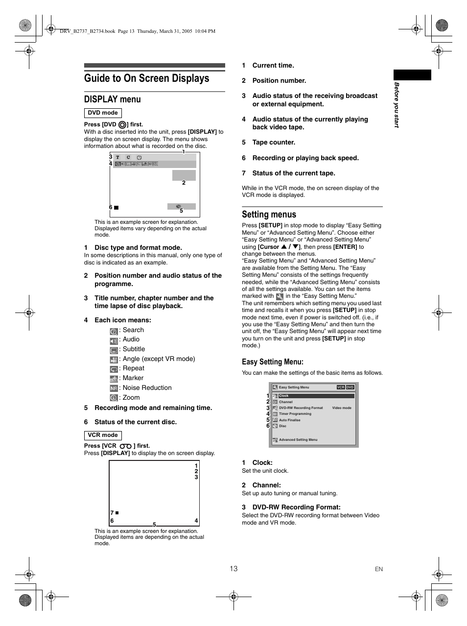 Guide to on screen displays, Display menu, Setting menus | Easy setting menu | FUNAI DRV-B2734 User Manual | Page 13 / 76