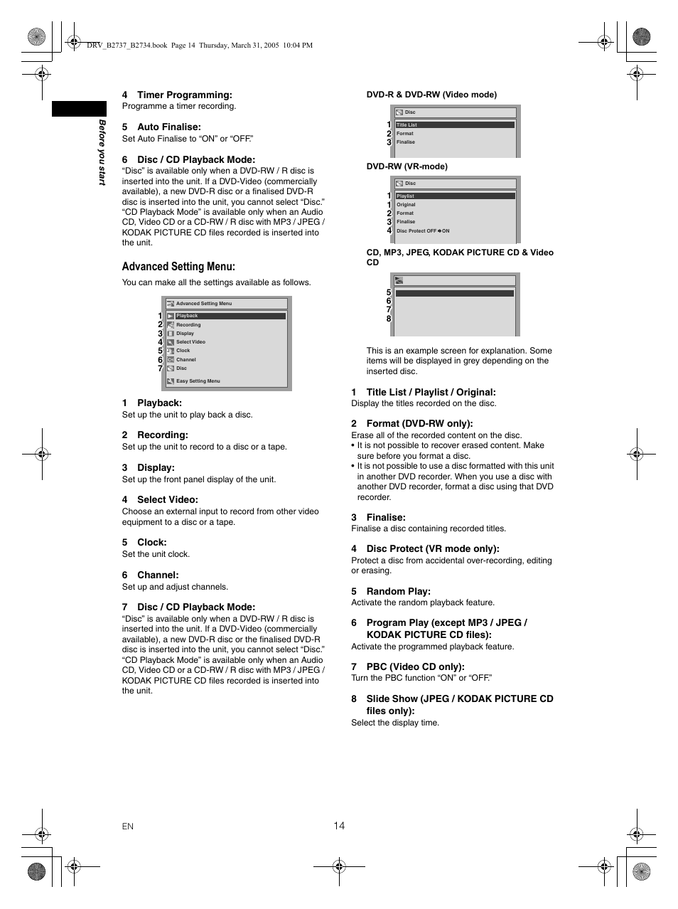 Advanced setting menu | FUNAI DRV-B2734 User Manual | Page 14 / 76