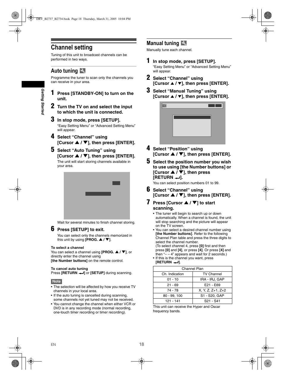 Channel setting, Auto tuning, Manual tuning | FUNAI DRV-B2734 User Manual | Page 18 / 76