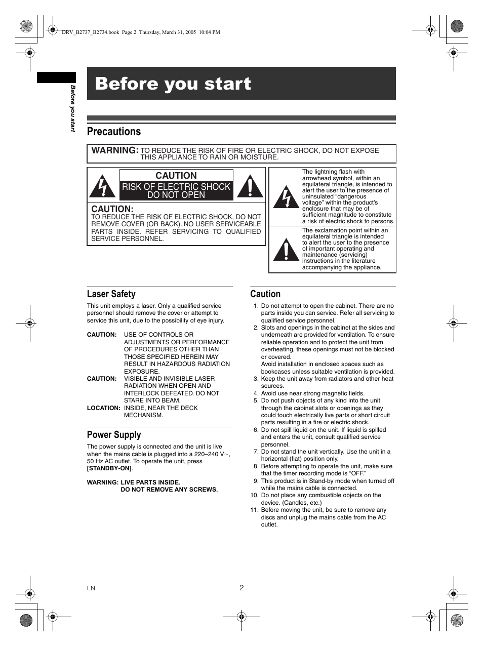 Before you start, Precautions, Laser safety | Power supply, Caution, Caution risk of electric shock do not open caution, Warning | FUNAI DRV-B2734 User Manual | Page 2 / 76