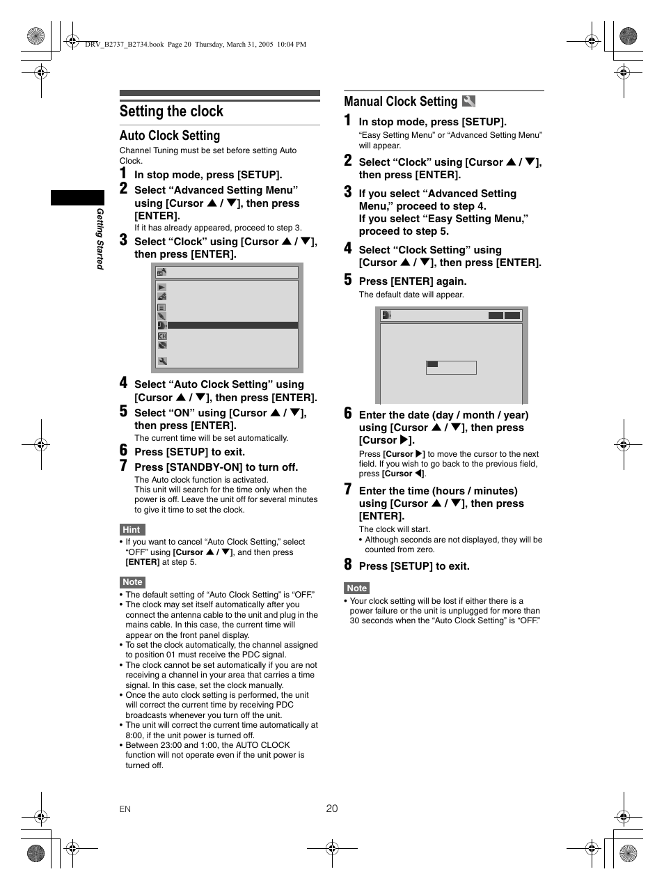 Setting the clock, Auto clock setting, Manual clock setting | FUNAI DRV-B2734 User Manual | Page 20 / 76