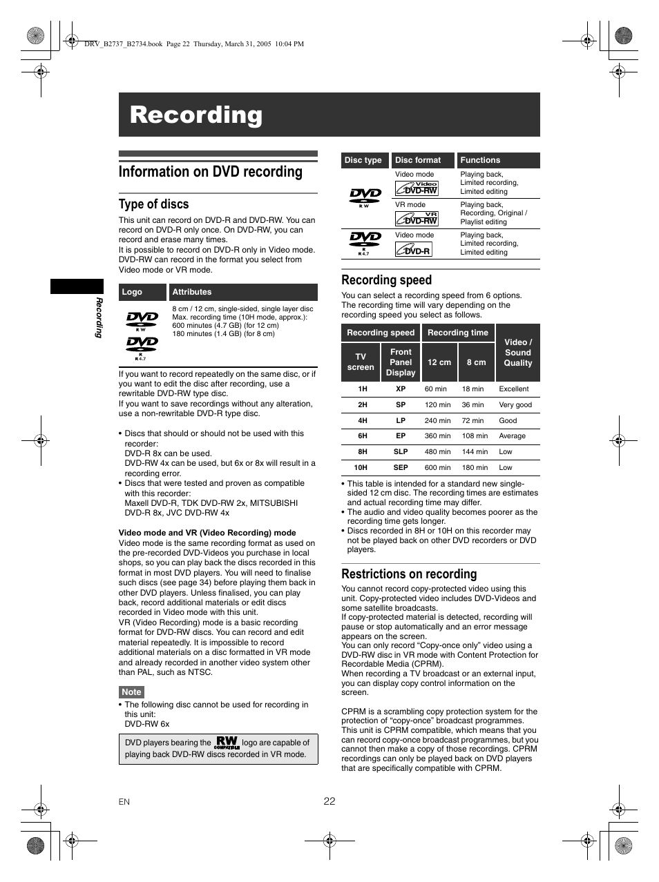 Recording, Information on dvd recording, Type of discs | Recording speed, Restrictions on recording | FUNAI DRV-B2734 User Manual | Page 22 / 76