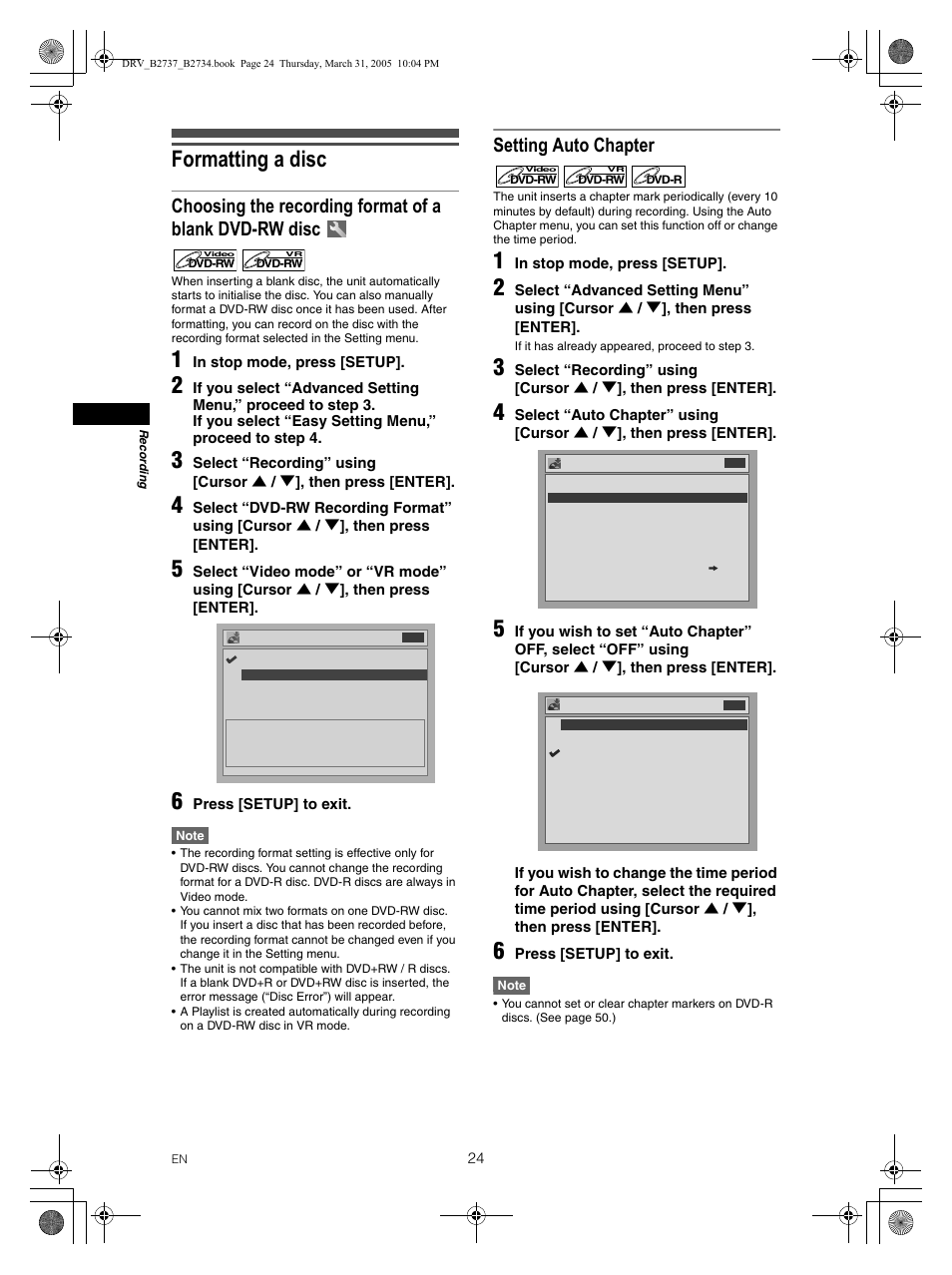 Formatting a disc, Setting auto chapter | FUNAI DRV-B2734 User Manual | Page 24 / 76