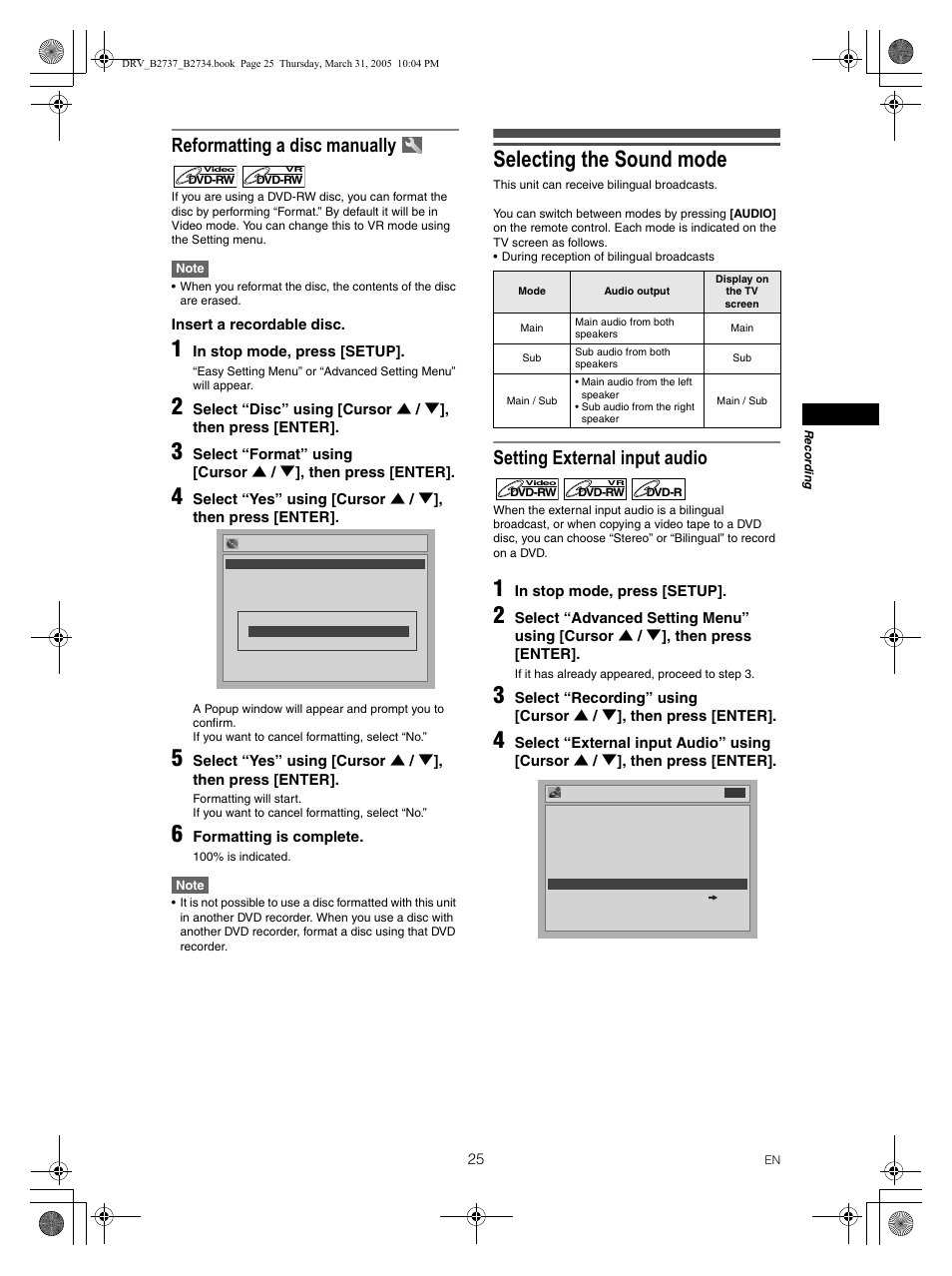 Selecting the sound mode, Reformatting a disc manually, Setting external input audio | FUNAI DRV-B2734 User Manual | Page 25 / 76