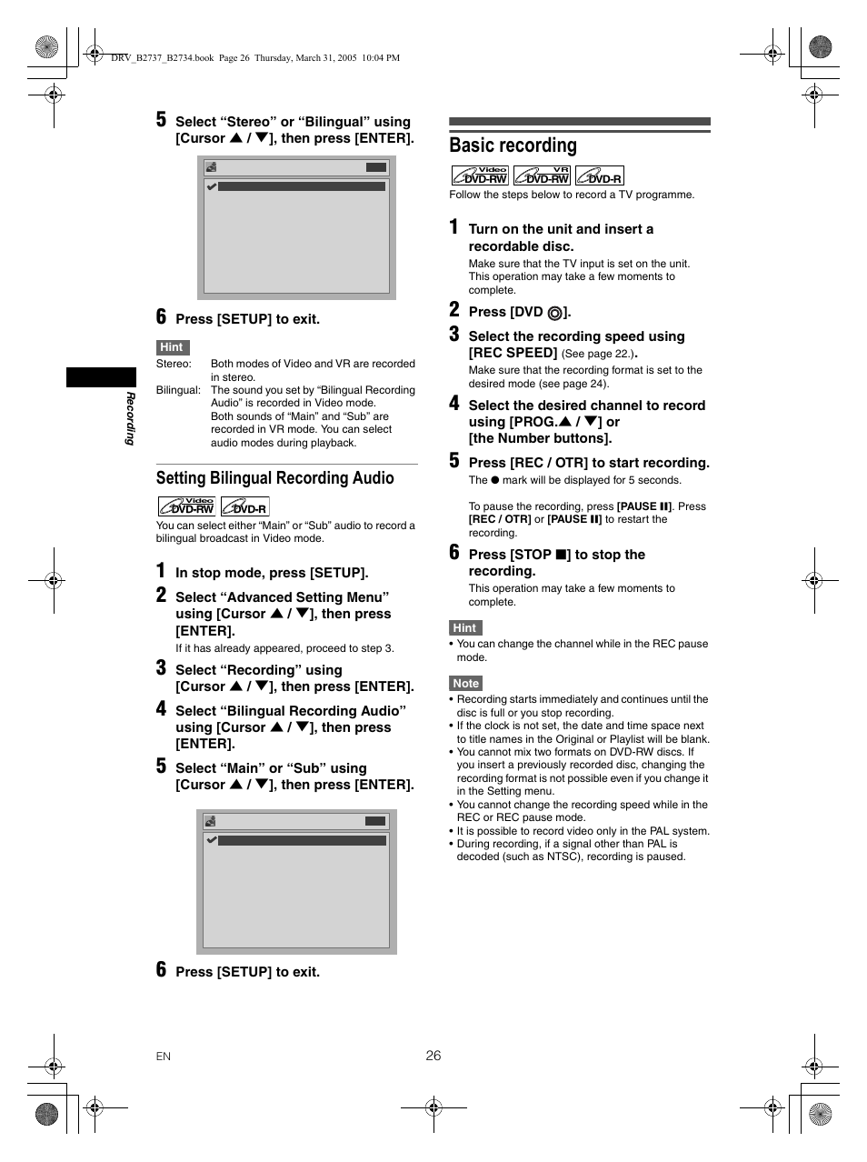 Basic recording, Setting bilingual recording audio | FUNAI DRV-B2734 User Manual | Page 26 / 76