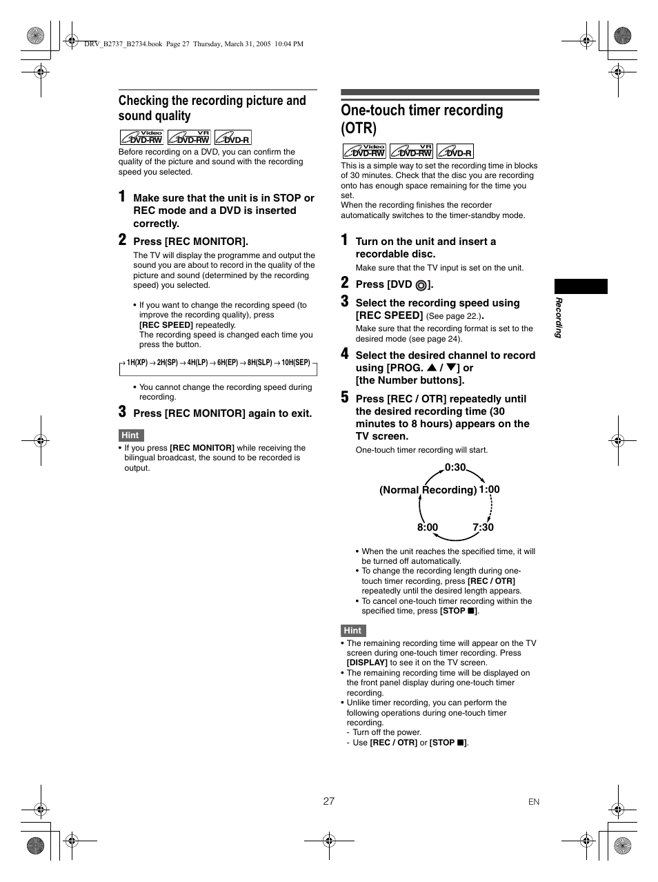 One-touch timer recording (otr), Checking the recording picture and sound quality | FUNAI DRV-B2734 User Manual | Page 27 / 76