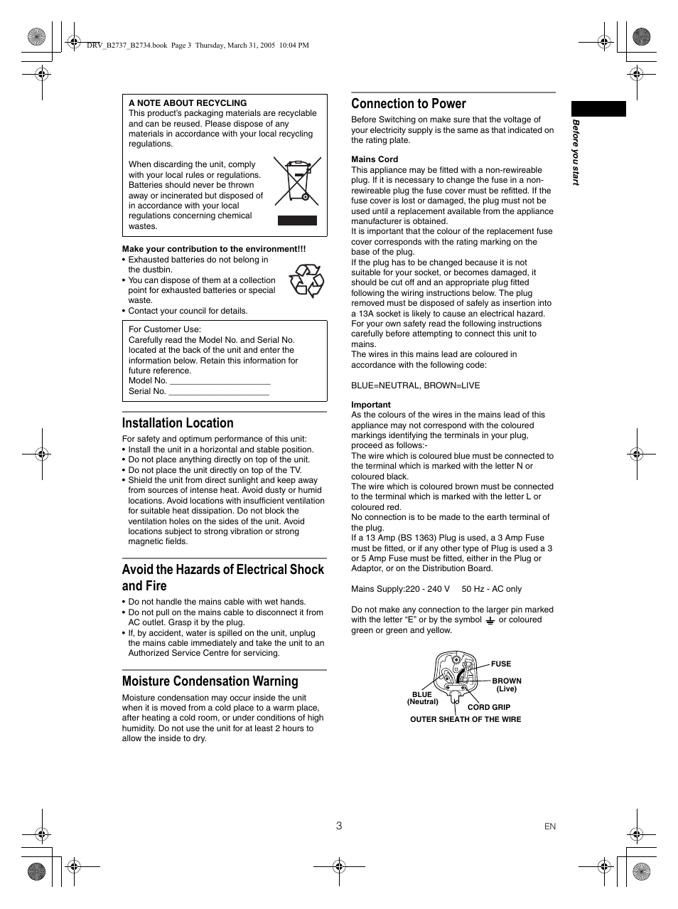 Installation location, Avoid the hazards of electrical shock and fire, Moisture condensation warning | Connection to power | FUNAI DRV-B2734 User Manual | Page 3 / 76