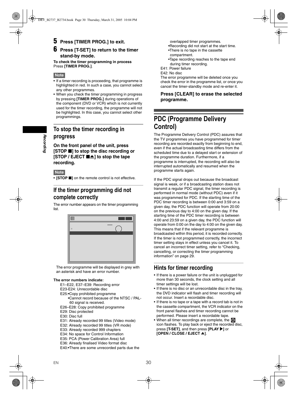 Pdc (programme delivery control), Hints for timer recording | FUNAI DRV-B2734 User Manual | Page 30 / 76