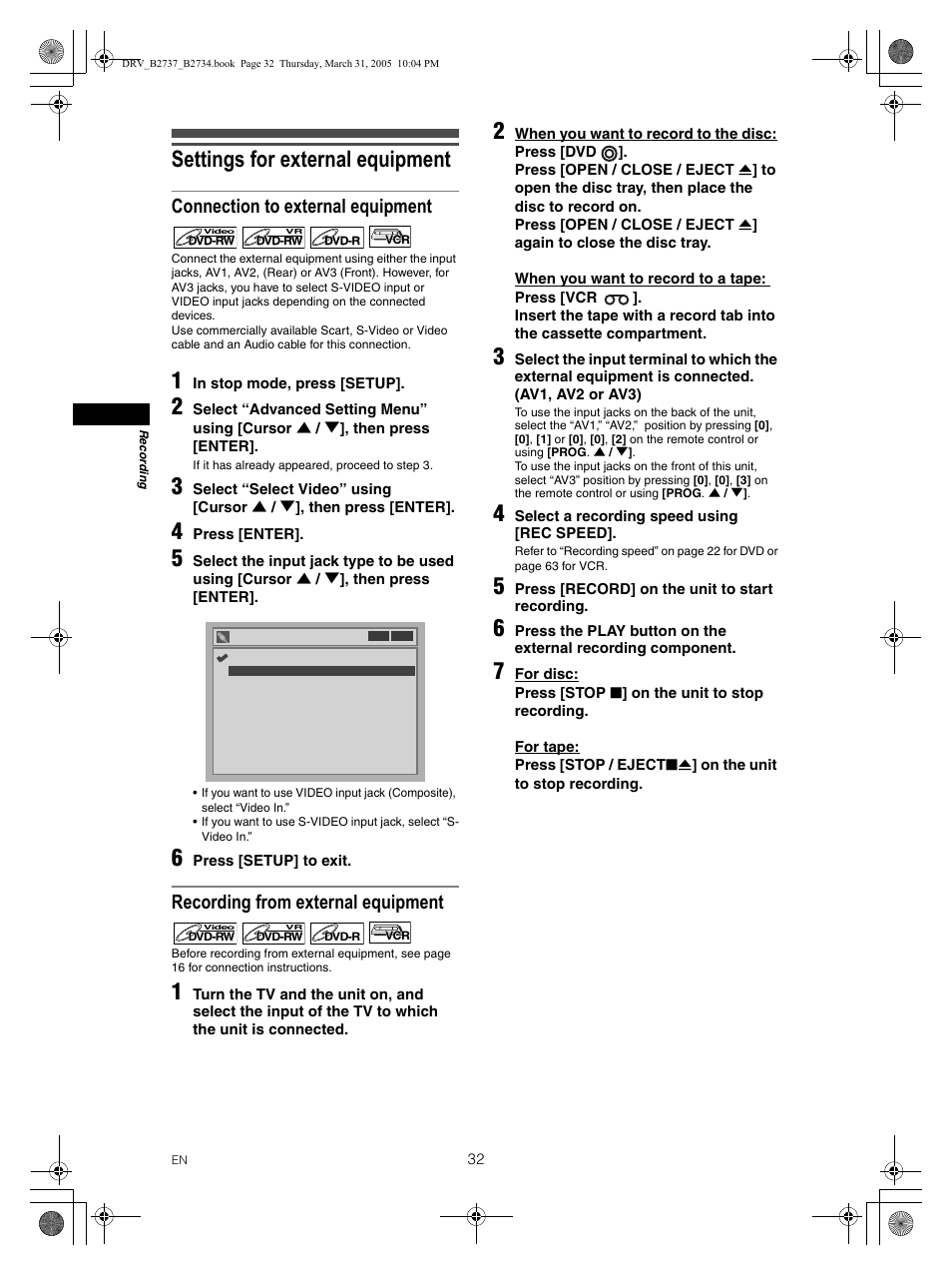 Settings for external equipment, Connection to external equipment, Recording from external equipment | FUNAI DRV-B2734 User Manual | Page 32 / 76