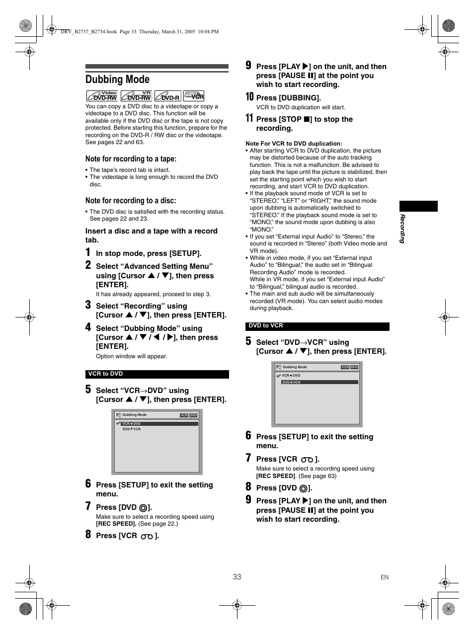 Dubbing mode | FUNAI DRV-B2734 User Manual | Page 33 / 76