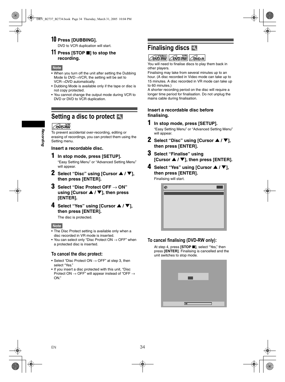 Setting a disc to protect, Finalising discs | FUNAI DRV-B2734 User Manual | Page 34 / 76