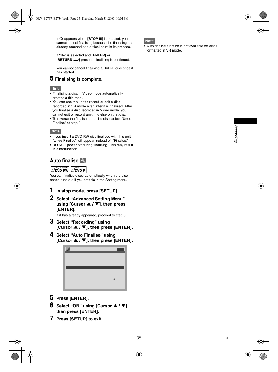 Auto finalise | FUNAI DRV-B2734 User Manual | Page 35 / 76