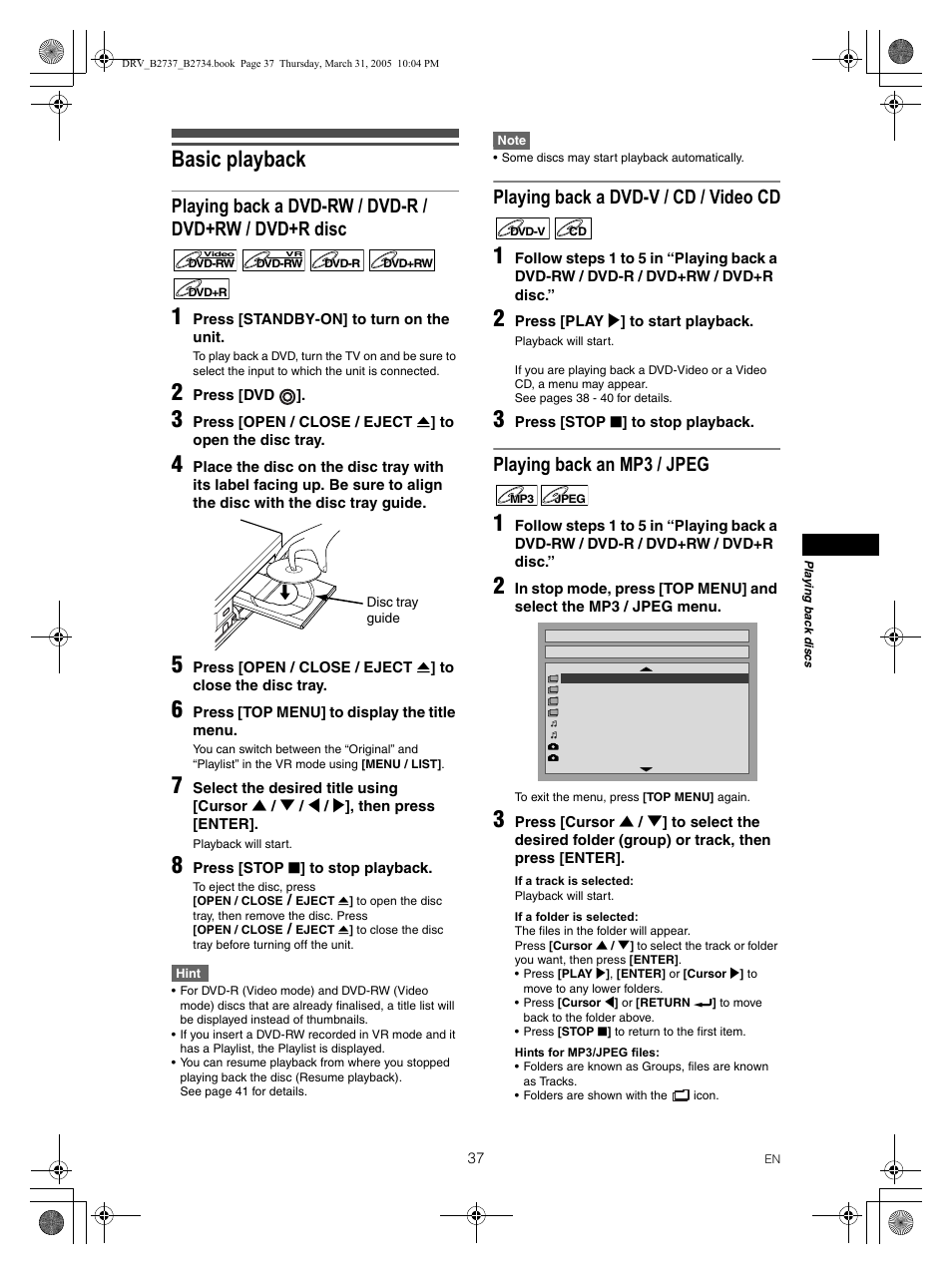 Basic playback, Playing back a dvd-v / cd / video cd, Playing back an mp3 / jpeg | FUNAI DRV-B2734 User Manual | Page 37 / 76