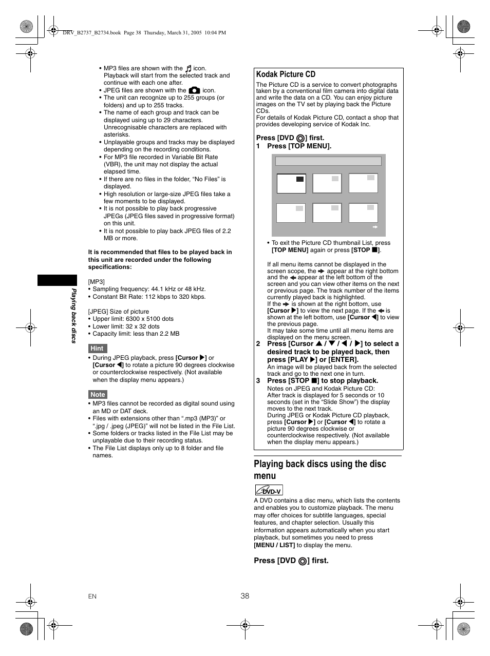 Playing back discs using the disc menu, Kodak picture cd | FUNAI DRV-B2734 User Manual | Page 38 / 76