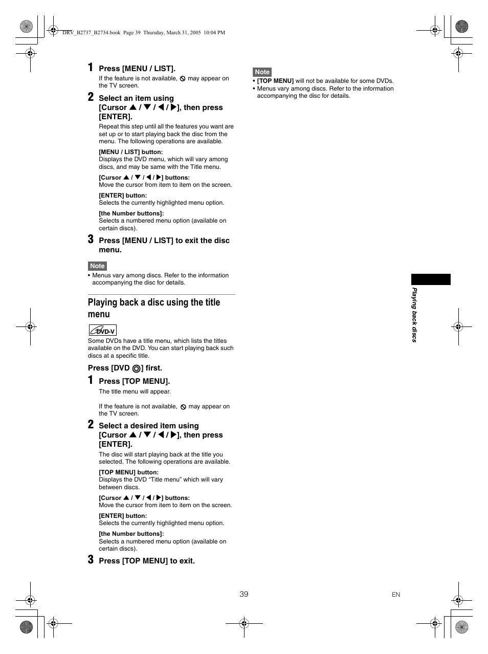 Playing back a disc using the title menu | FUNAI DRV-B2734 User Manual | Page 39 / 76