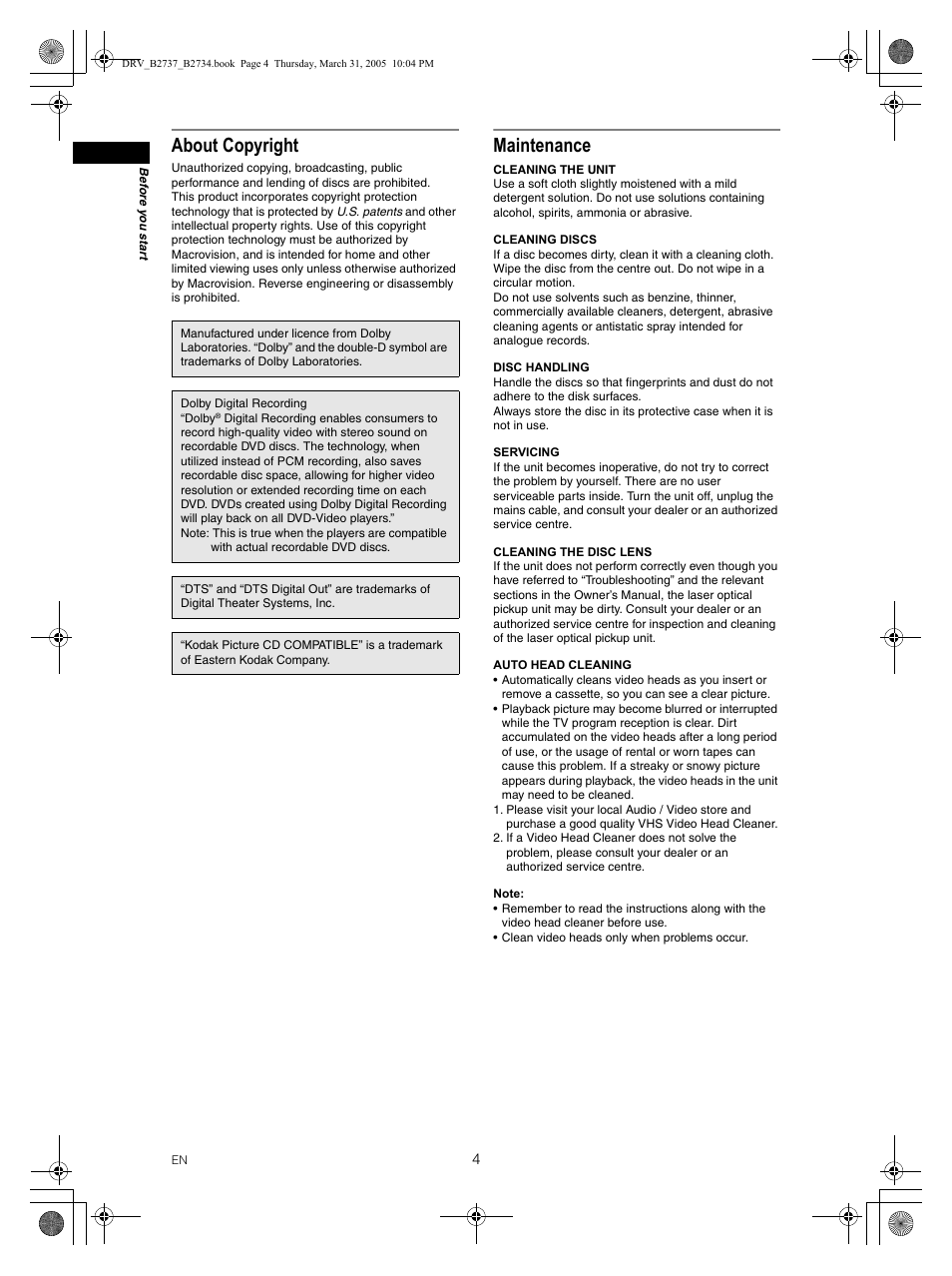 About copyright, Maintenance | FUNAI DRV-B2734 User Manual | Page 4 / 76