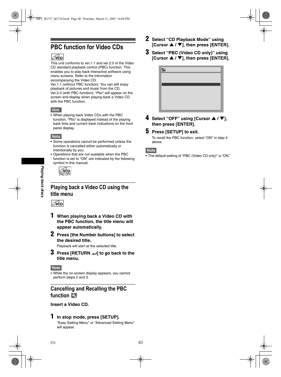 Pbc function for video cds, Playing back a video cd using the title menu, Cancelling and recalling the pbc function | FUNAI DRV-B2734 User Manual | Page 40 / 76