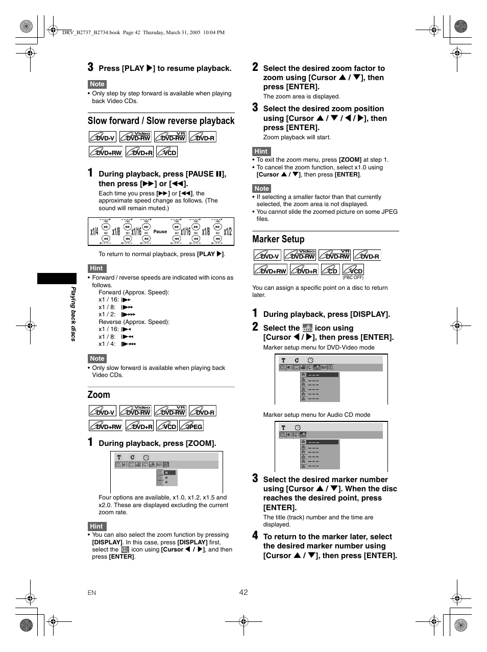 Slow forward / slow reverse playback, Zoom, Marker setup | FUNAI DRV-B2734 User Manual | Page 42 / 76