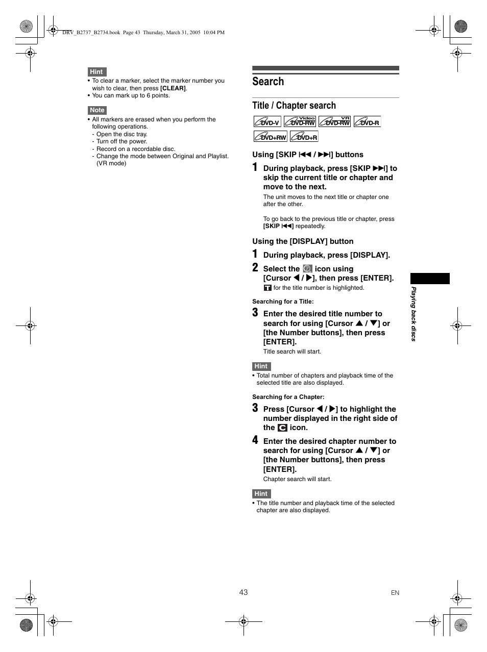 Search, Title / chapter search | FUNAI DRV-B2734 User Manual | Page 43 / 76