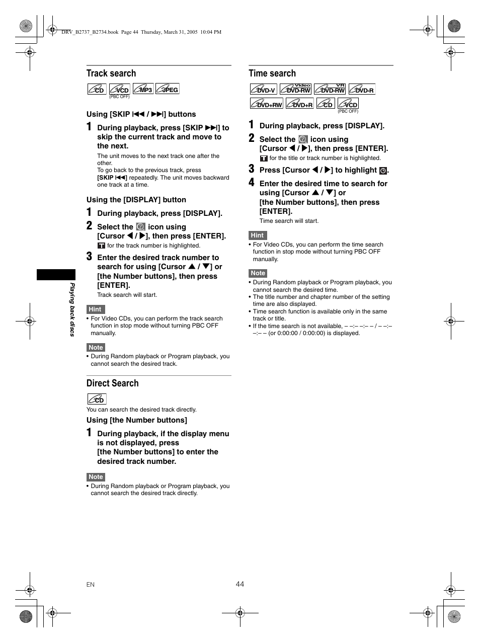 Track search, Direct search, Time search | FUNAI DRV-B2734 User Manual | Page 44 / 76