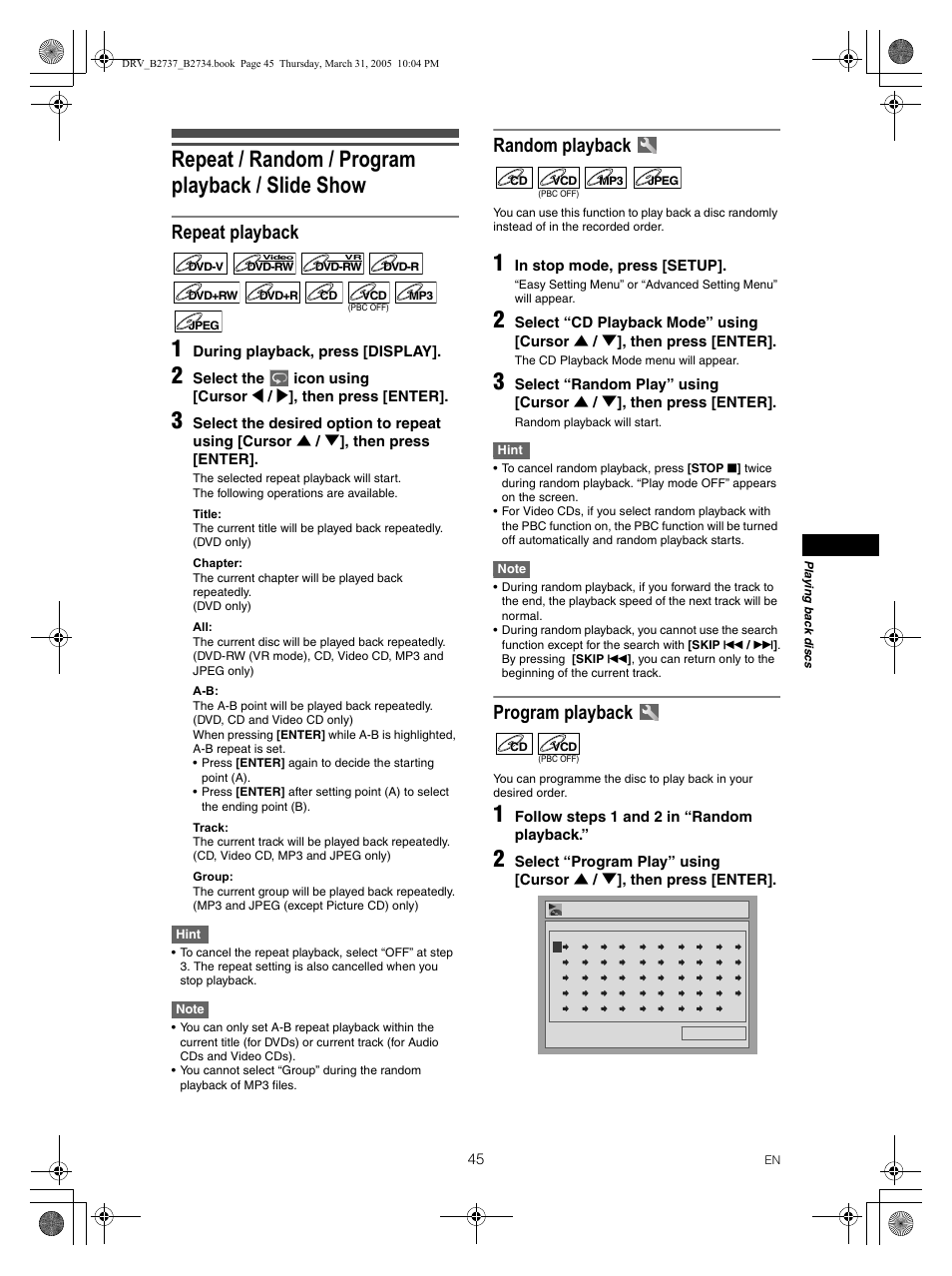 Repeat / random / program playback / slide show, Repeat playback, Random playback | Program playback, During playback, press [display, Follow steps 1 and 2 in “random playback | FUNAI DRV-B2734 User Manual | Page 45 / 76