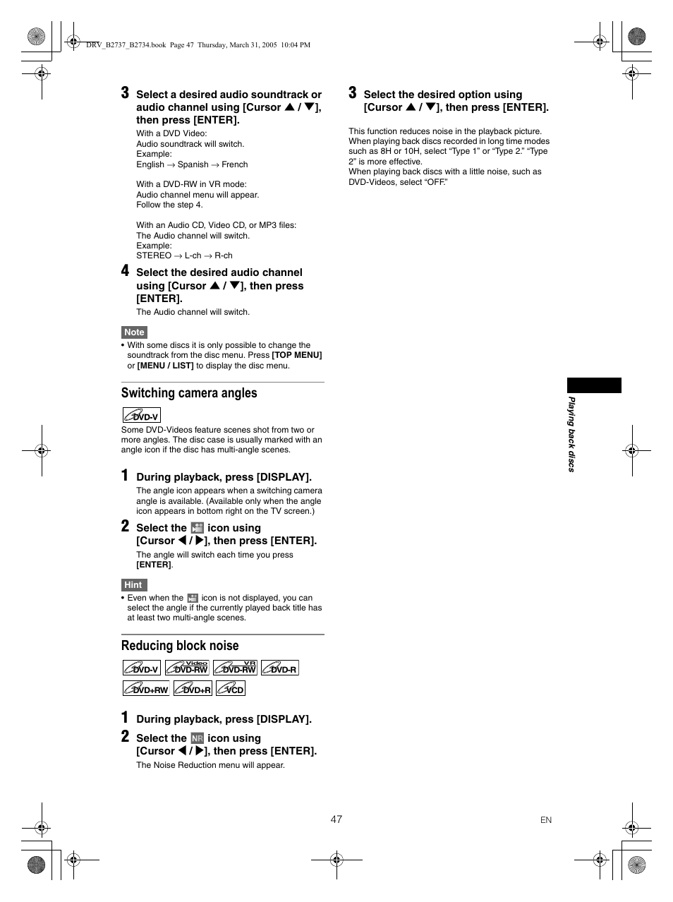 Switching camera angles, Reducing block noise | FUNAI DRV-B2734 User Manual | Page 47 / 76