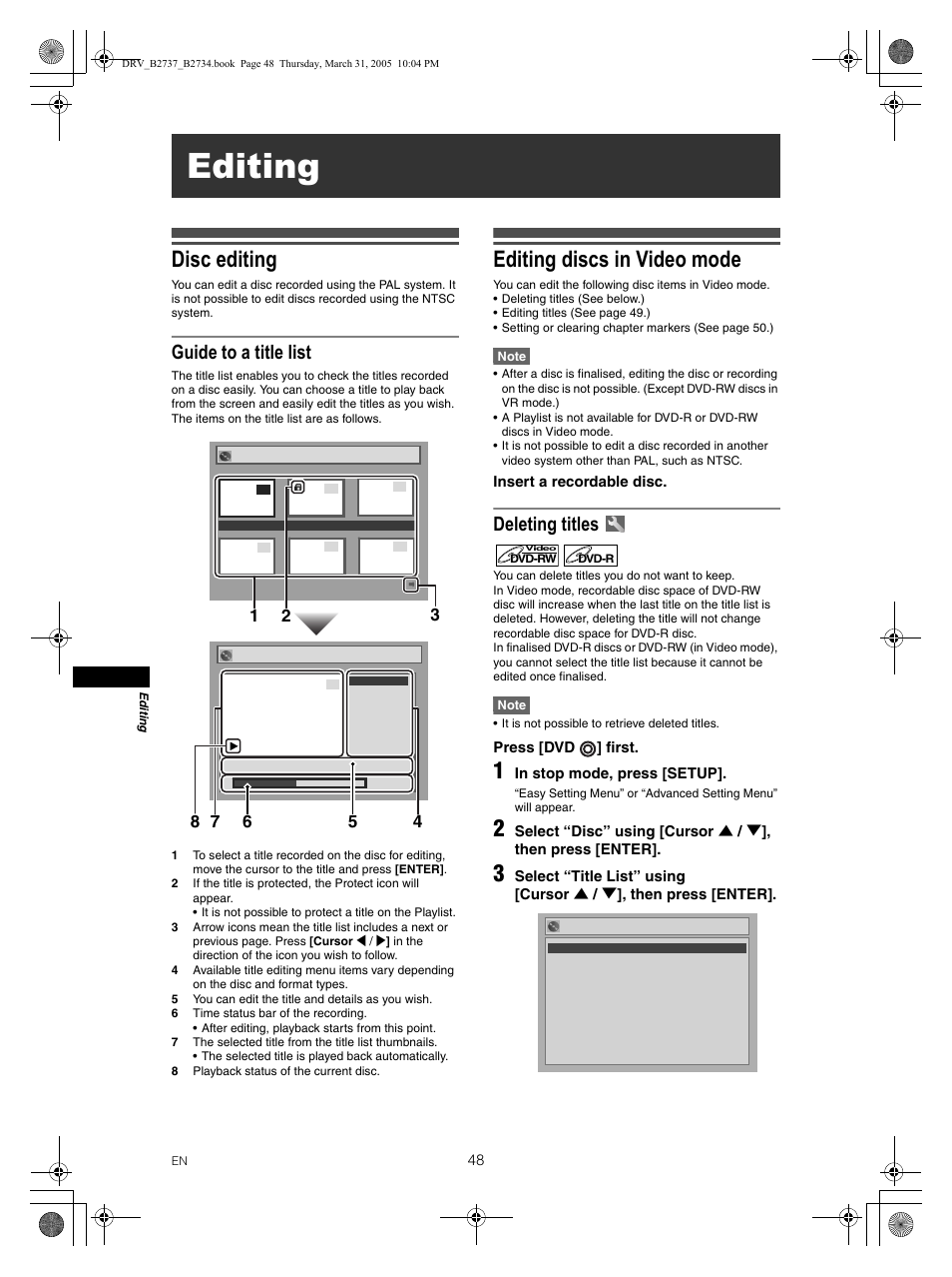 Editing, Disc editing, Editing discs in video mode | Guide to a title list, Deleting titles | FUNAI DRV-B2734 User Manual | Page 48 / 76