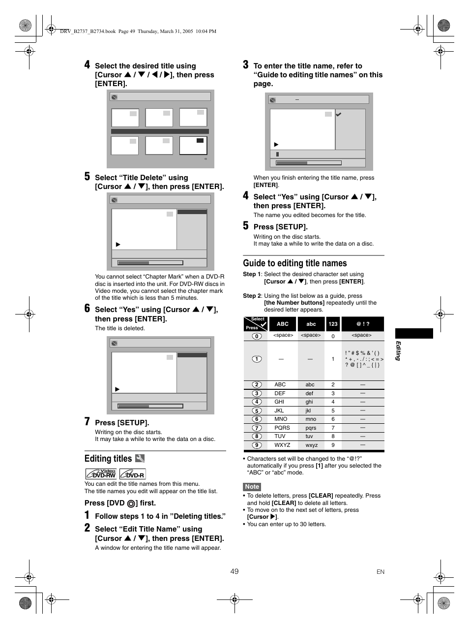 Editing titles, Guide to editing title names, Press [setup | Press [dvd ] first, Follow steps 1 to 4 in ”deleting titles | FUNAI DRV-B2734 User Manual | Page 49 / 76