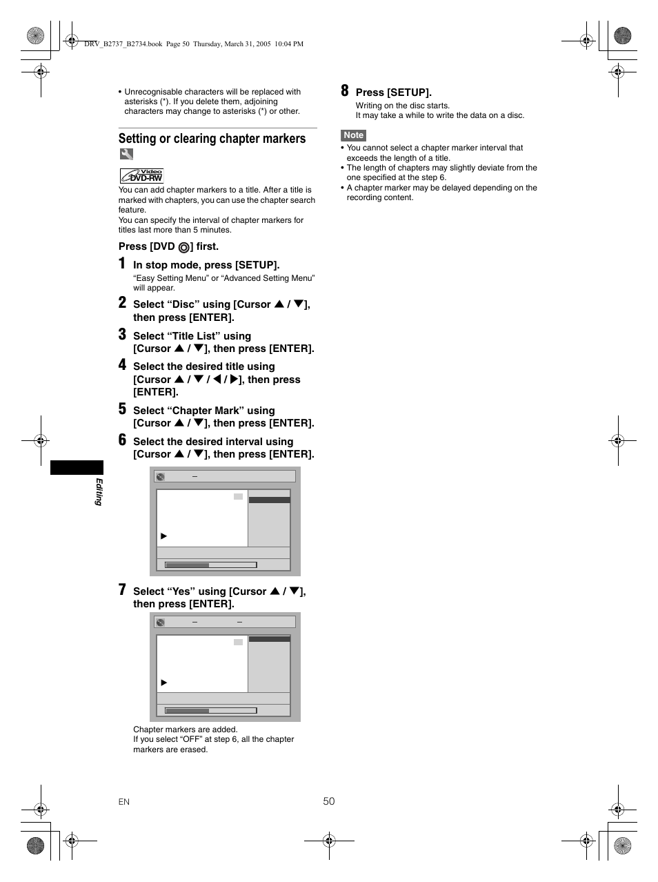 Setting or clearing chapter markers | FUNAI DRV-B2734 User Manual | Page 50 / 76