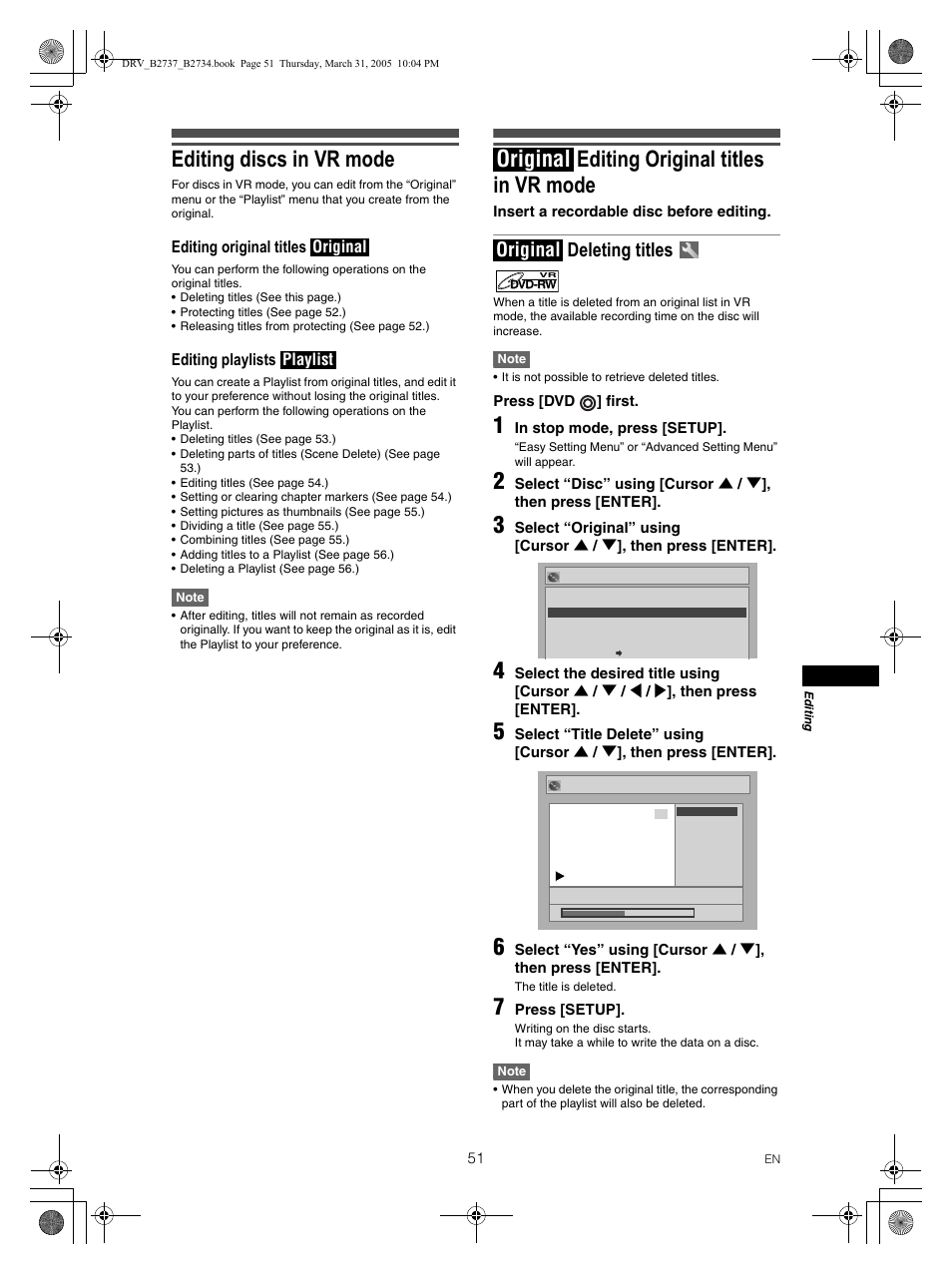 Editing discs in vr mode, Editing original titles in vr mode, Original | Deleting titles | FUNAI DRV-B2734 User Manual | Page 51 / 76