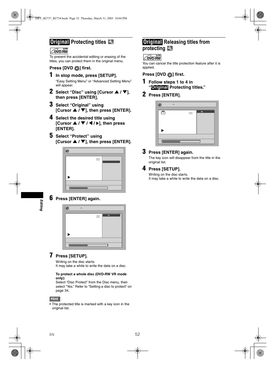 Protecting titles, Releasing titles from protecting, Original | FUNAI DRV-B2734 User Manual | Page 52 / 76