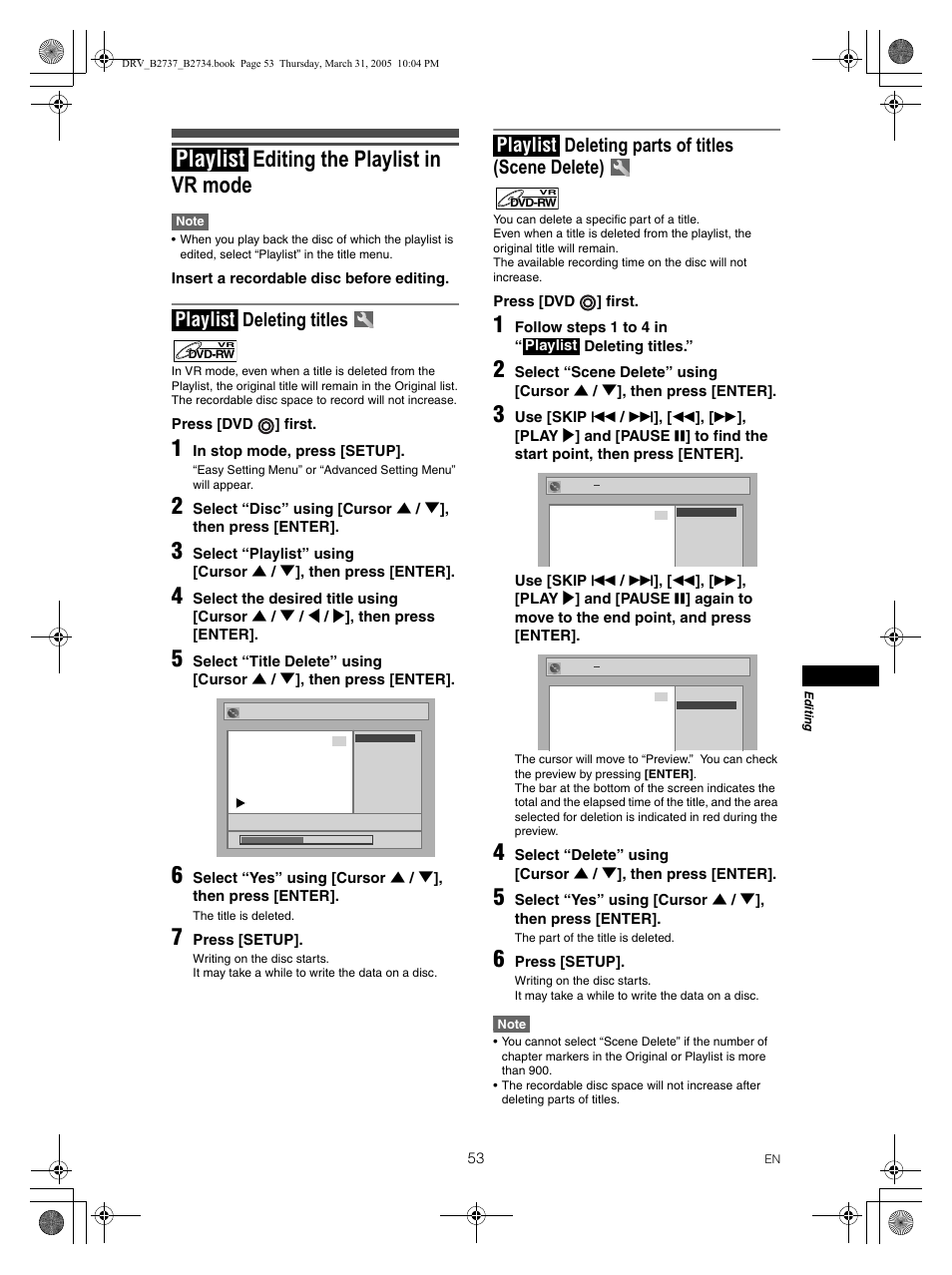 Editing the playlist in vr mode, Playlist, Deleting titles | Deleting parts of titles (scene delete) | FUNAI DRV-B2734 User Manual | Page 53 / 76