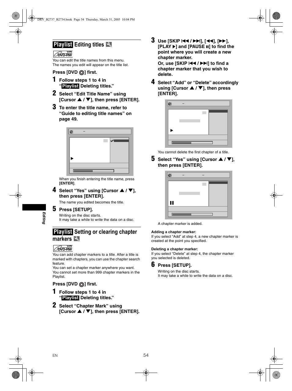 Editing titles, Setting or clearing chapter markers, Playlist | FUNAI DRV-B2734 User Manual | Page 54 / 76