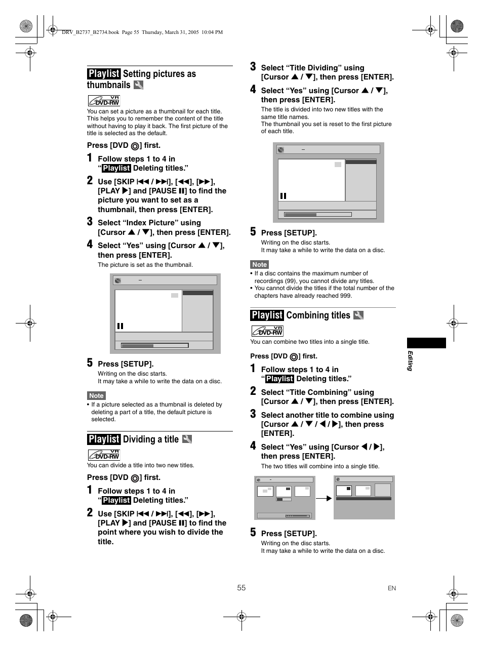 Setting pictures as thumbnails, Dividing a title, Combining titles | Playlist | FUNAI DRV-B2734 User Manual | Page 55 / 76