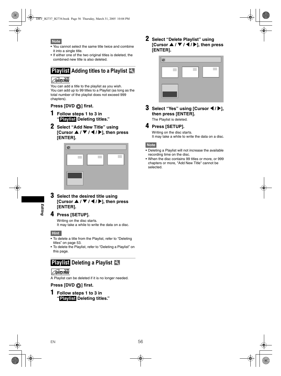 Adding titles to a playlist, Deleting a playlist, Playlist | FUNAI DRV-B2734 User Manual | Page 56 / 76