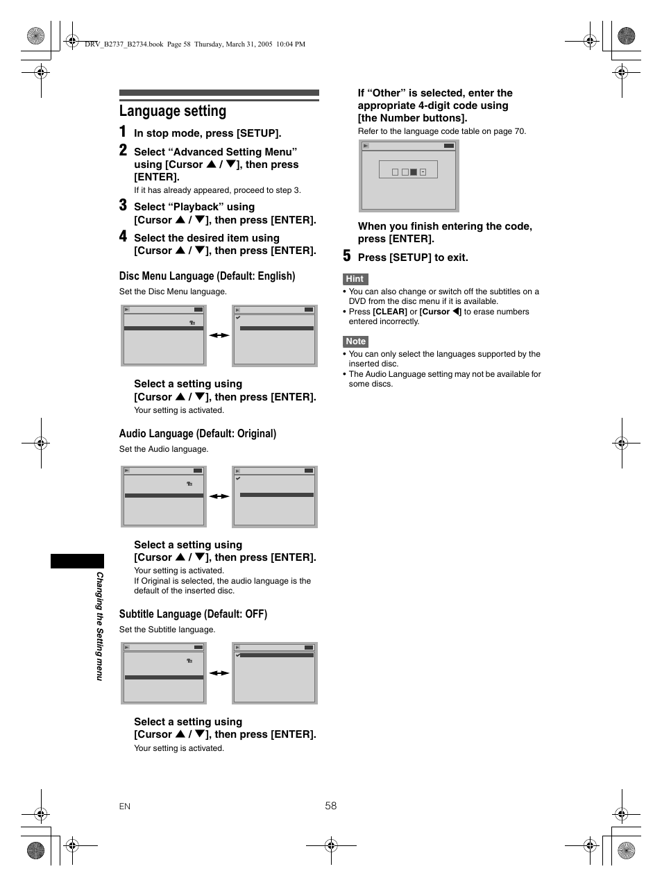 Language setting 1, Disc menu language (default: english), Audio language (default: original) | Subtitle language (default: off), When you finish entering the code, press [enter, Press [setup] to exit, If it has already appeared, proceed to step 3, Set the disc menu language, Your setting is activated, Set the audio language | FUNAI DRV-B2734 User Manual | Page 58 / 76