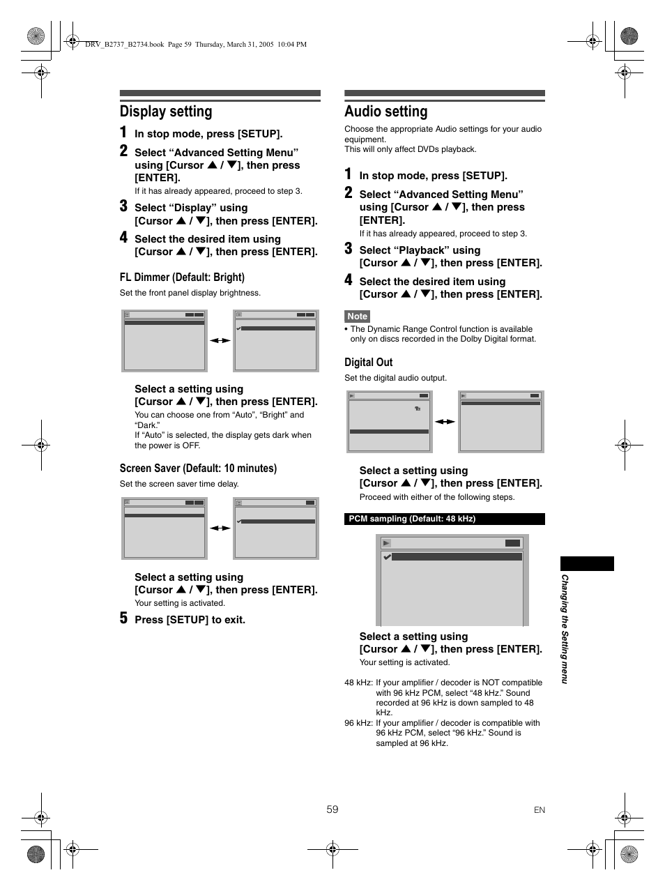 Display setting 1, Audio setting, Fl dimmer (default: bright) | Screen saver (default: 10 minutes), Digital out, Press [setup] to exit | FUNAI DRV-B2734 User Manual | Page 59 / 76