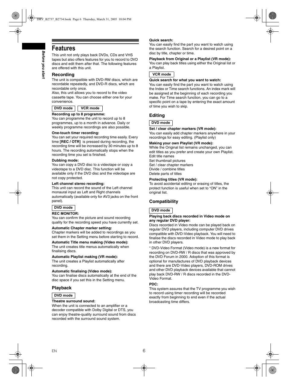 Features | FUNAI DRV-B2734 User Manual | Page 6 / 76