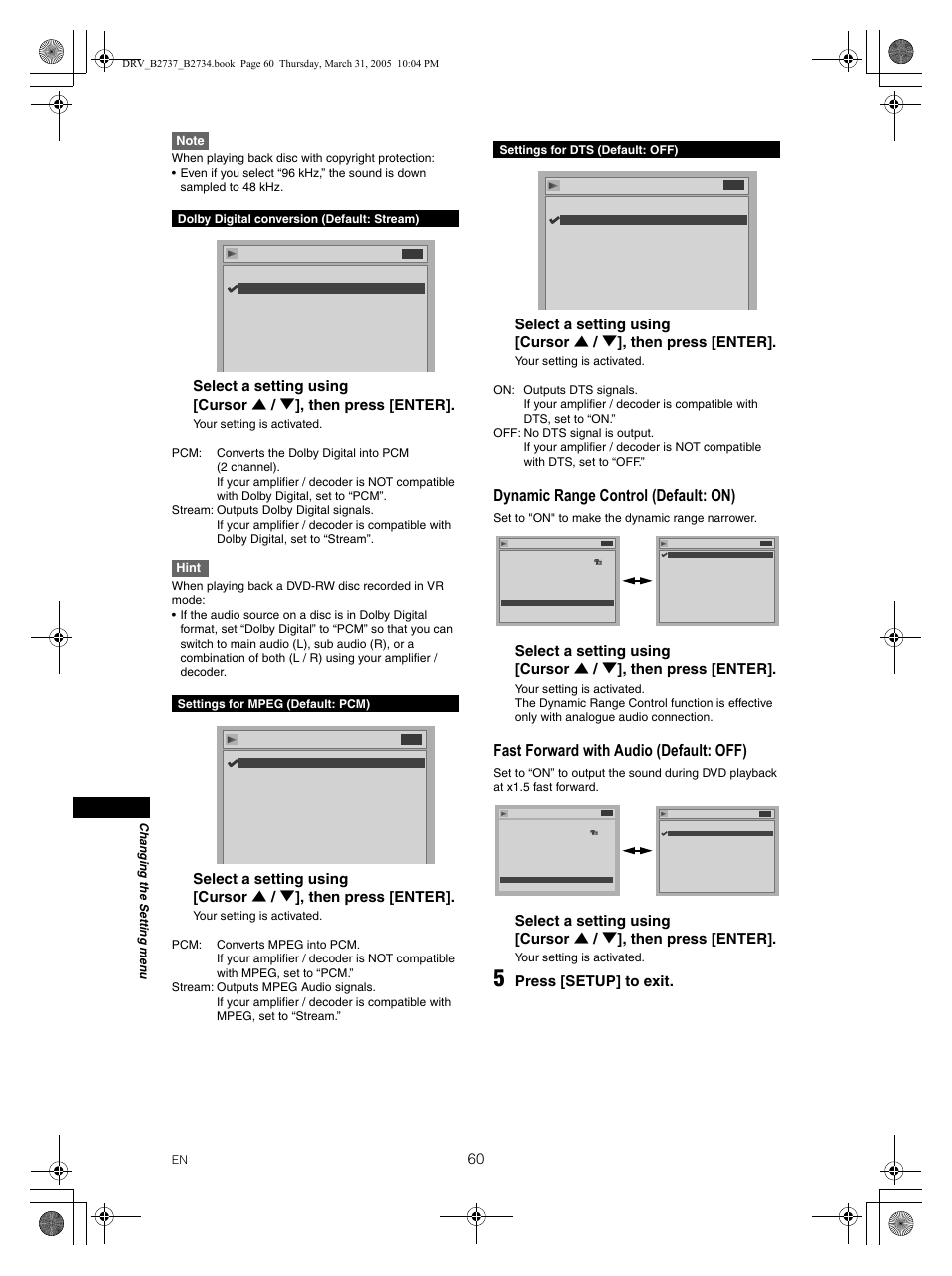 Dynamic range control (default: on), Fast forward with audio (default: off), Press [setup] to exit | Set to "on" to make the dynamic range narrower, Your setting is activated, Settings for dts (default: off) | FUNAI DRV-B2734 User Manual | Page 60 / 76