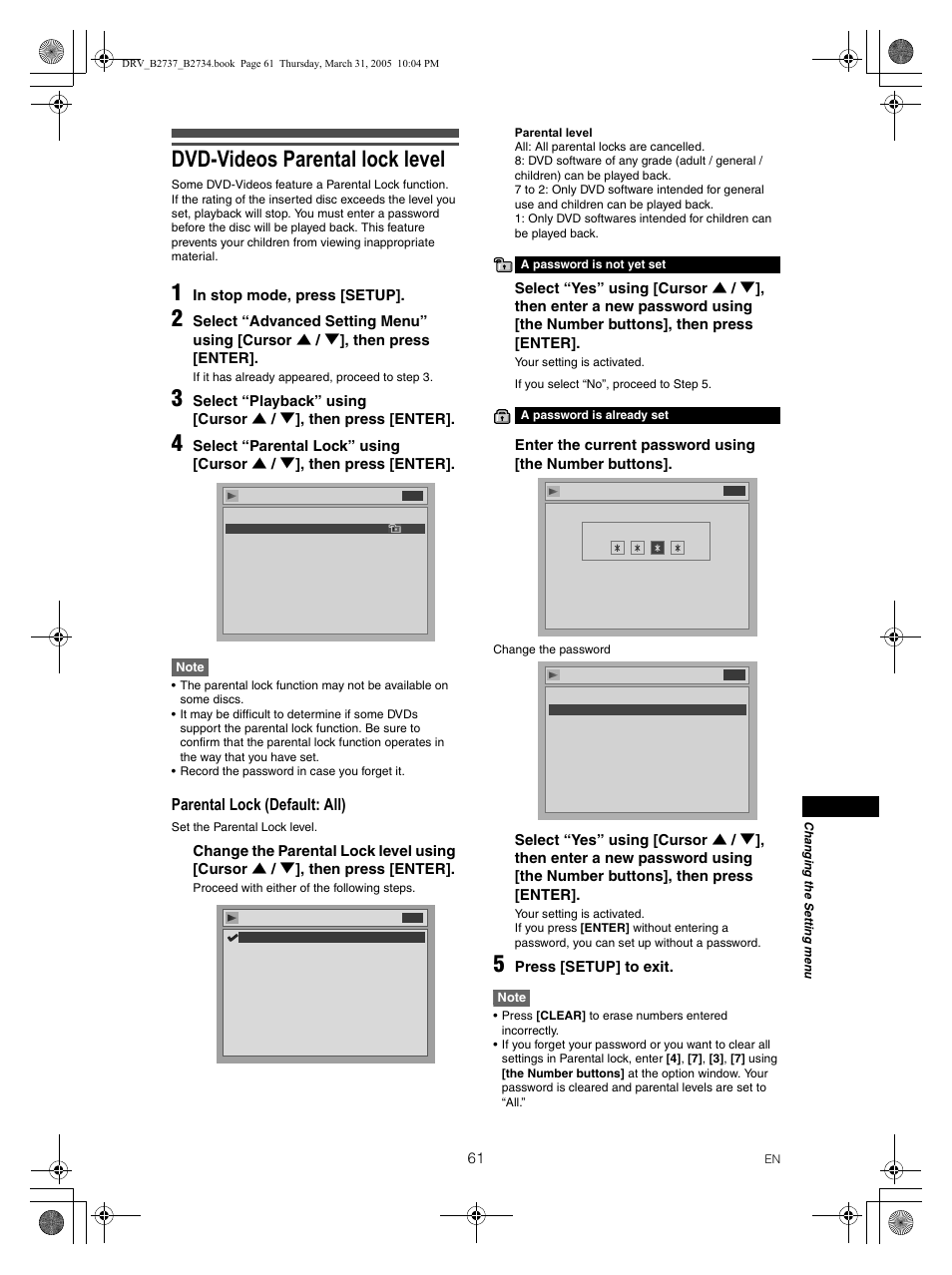 Dvd-videos parental lock level, Parental lock (default: all), Press [setup] to exit | FUNAI DRV-B2734 User Manual | Page 61 / 76