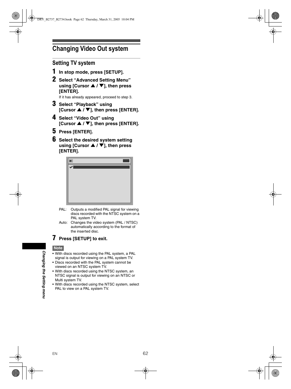 Changing video out system, Setting tv system | FUNAI DRV-B2734 User Manual | Page 62 / 76